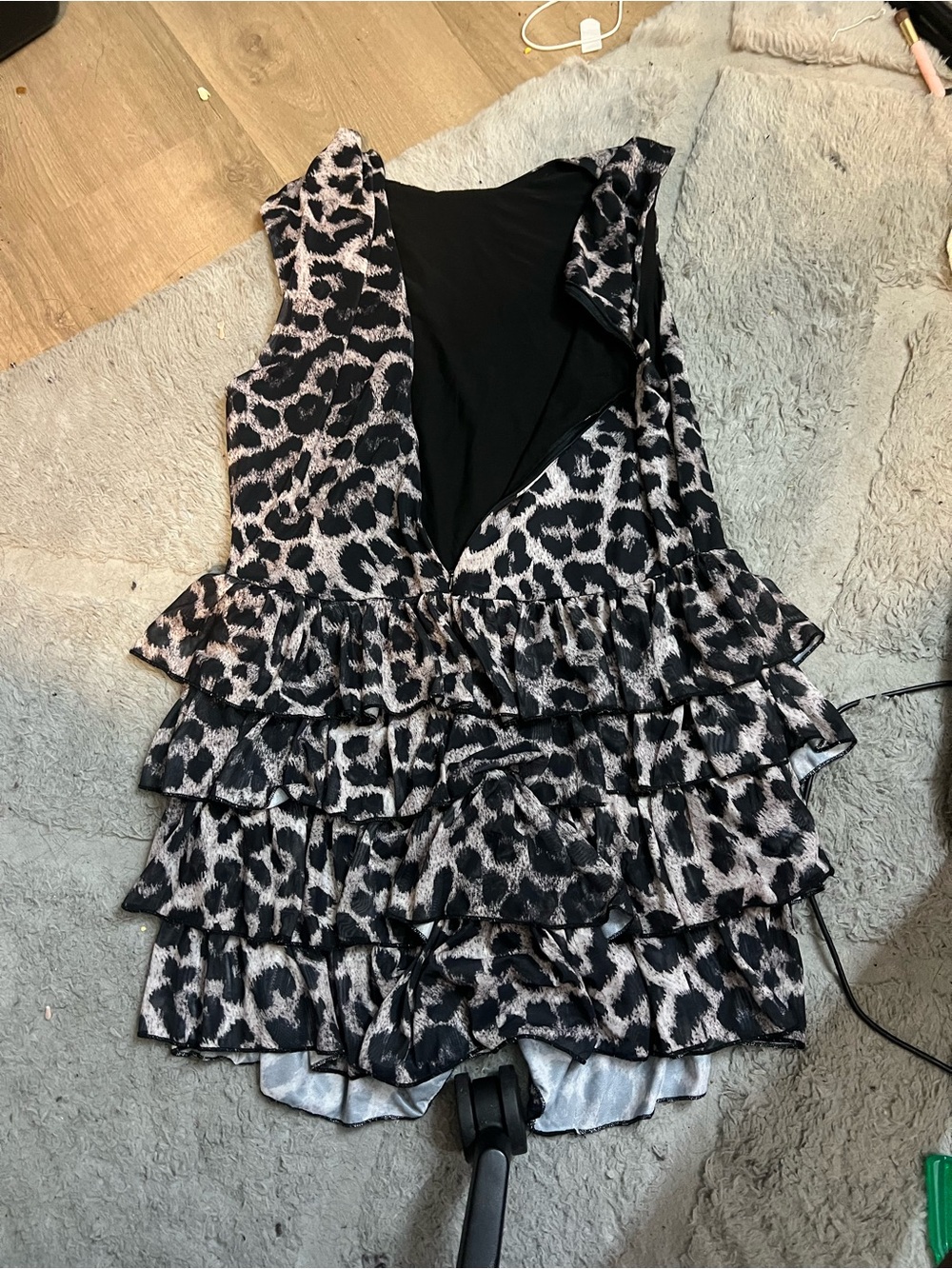 SHEIN Black & Cream Leopard Ruffle Tiered Sleeveless Top